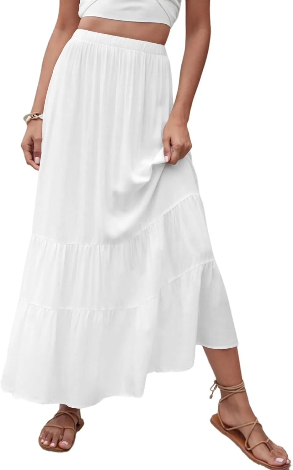 Rooscier Women's Tiered Elastic High Waist Ruffle Flowy A Line Elegant Long Skirt
