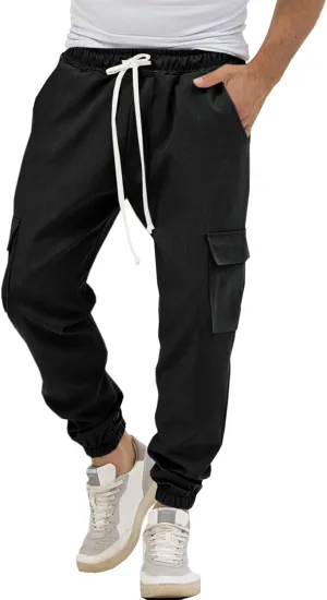 Runcati Mens Cargo Joggers Pants Casual Drawstring Waist Trousers Tapered Lightweight Pants with Pockets