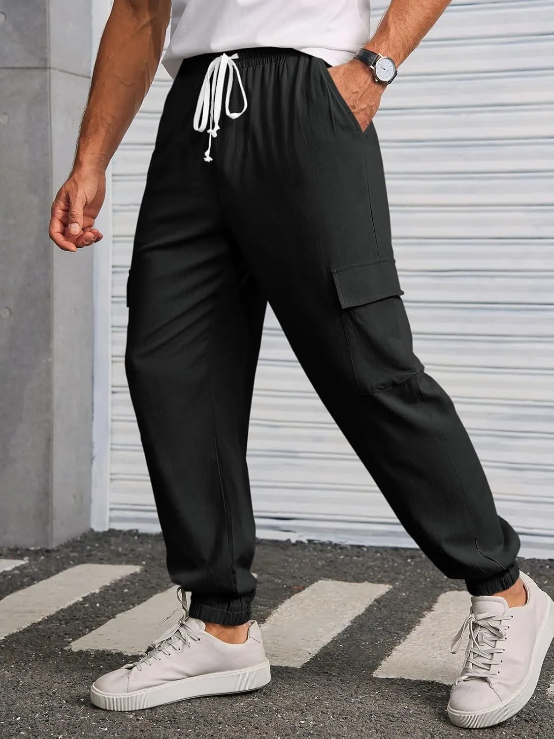 Runcati Mens Cargo Joggers Pants Casual Drawstring Waist Trousers Tapered Lightweight Pants with Pockets