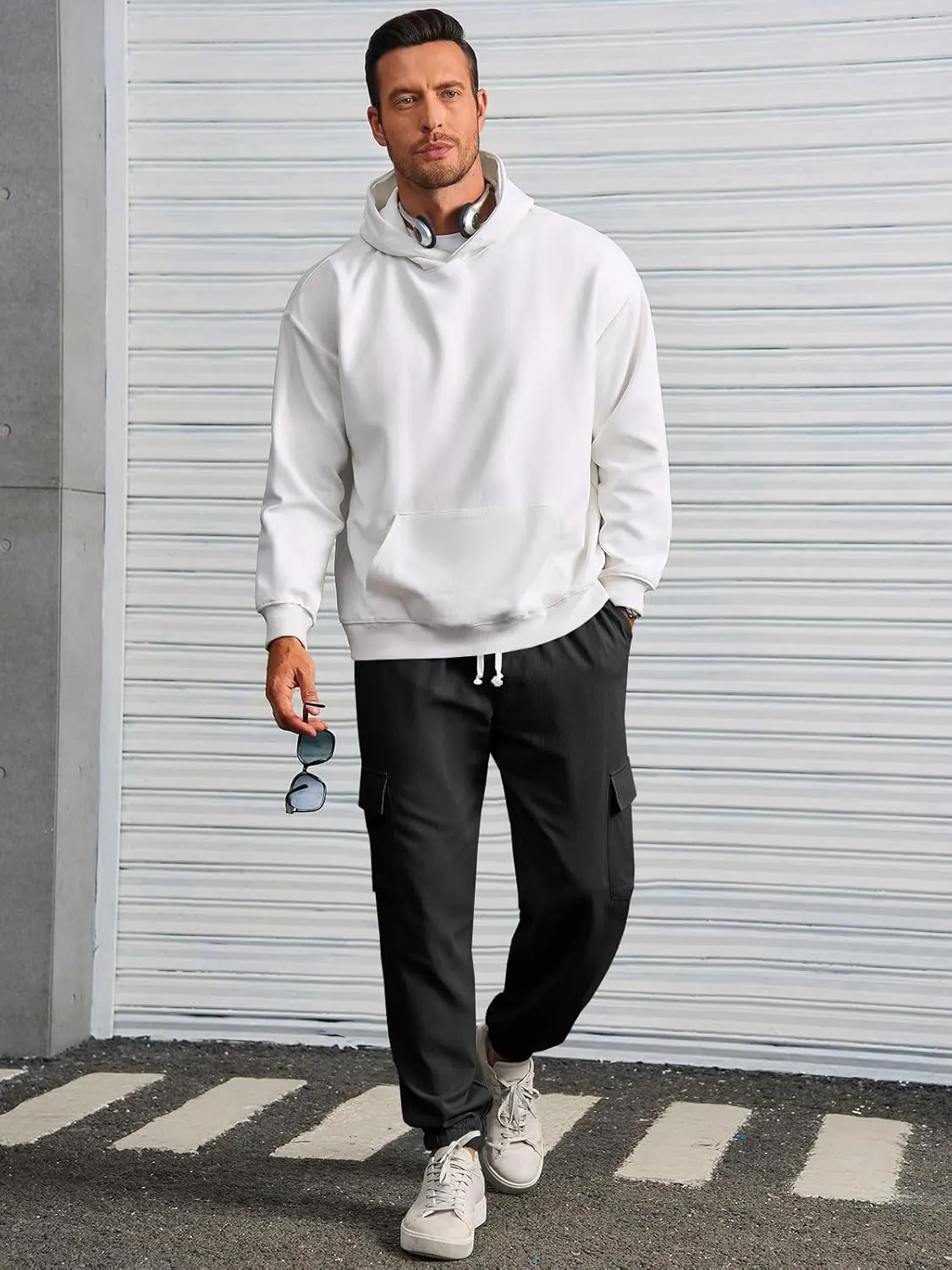 Runcati Mens Cargo Joggers Pants Casual Drawstring Waist Trousers Tapered Lightweight Pants with Pockets