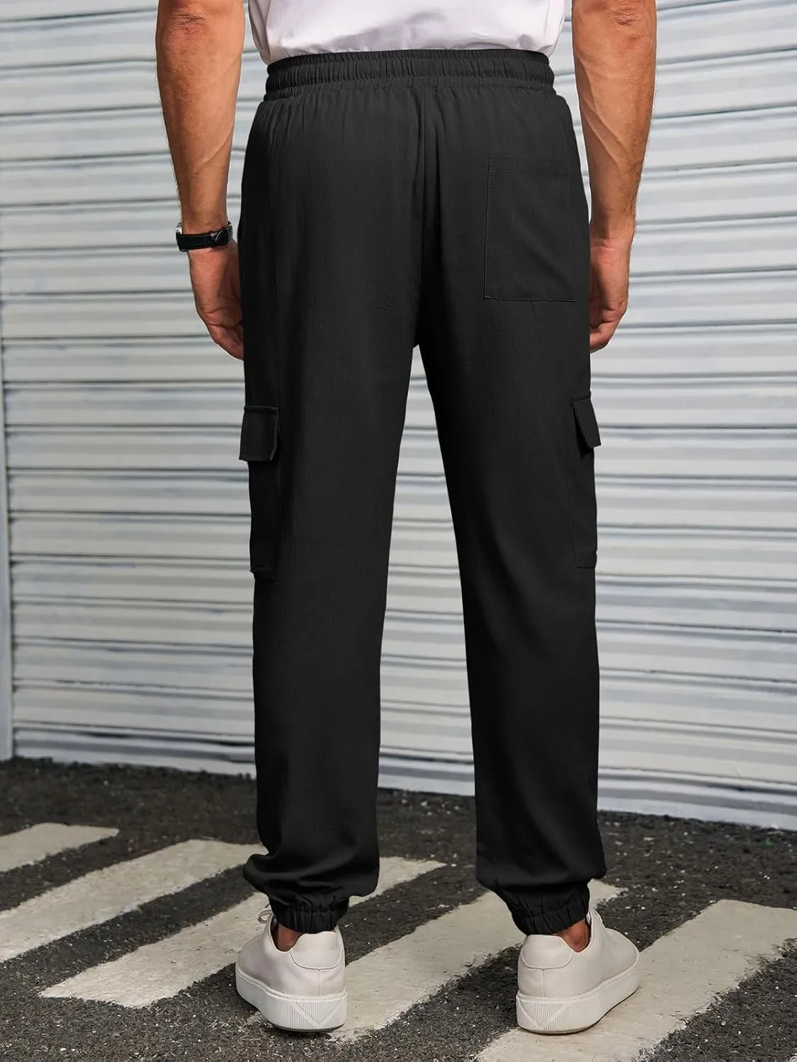 Runcati Mens Cargo Joggers Pants Casual Drawstring Waist Trousers Tapered Lightweight Pants with Pockets