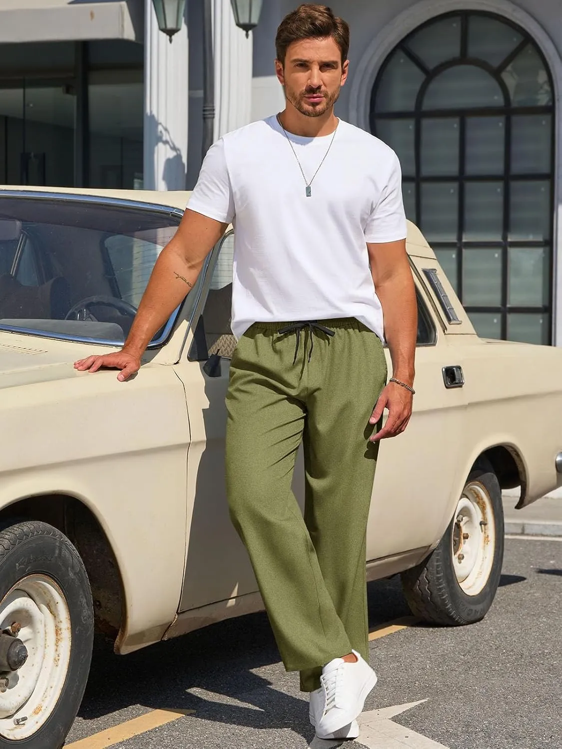 Runcati Mens Casual Pants Drawstring Elastic Waist Lightweight Trousers Linen Beach Summer Lounge Pants