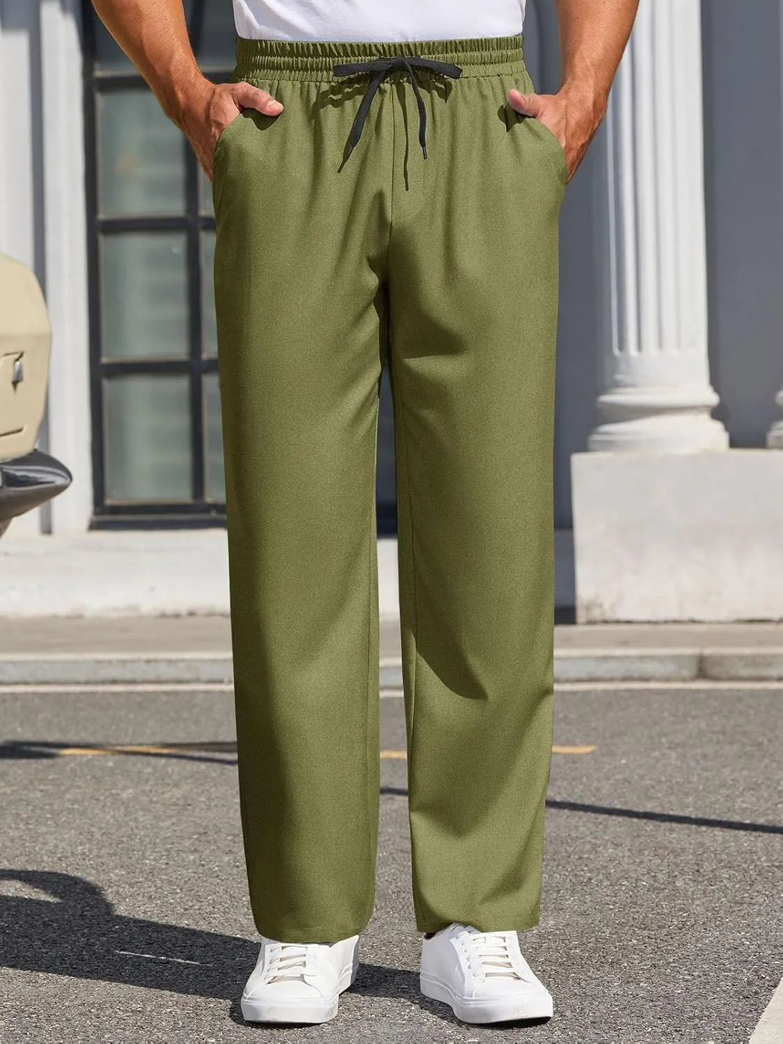 Runcati Mens Casual Pants Drawstring Elastic Waist Lightweight Trousers Linen Beach Summer Lounge Pants
