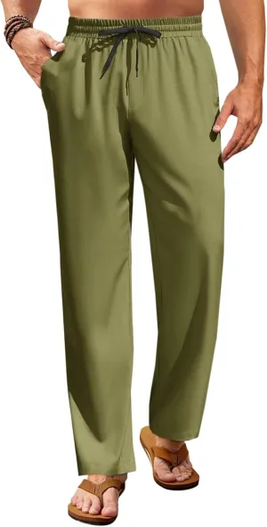 Runcati Mens Casual Pants Drawstring Elastic Waist Lightweight Trousers Linen Beach Summer Lounge Pants