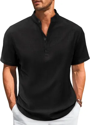 Runcati Mens Cotton Henley T-Shirts Short Sleeve Linen Textured Casual Summer Beach Hippie Shirt Tops