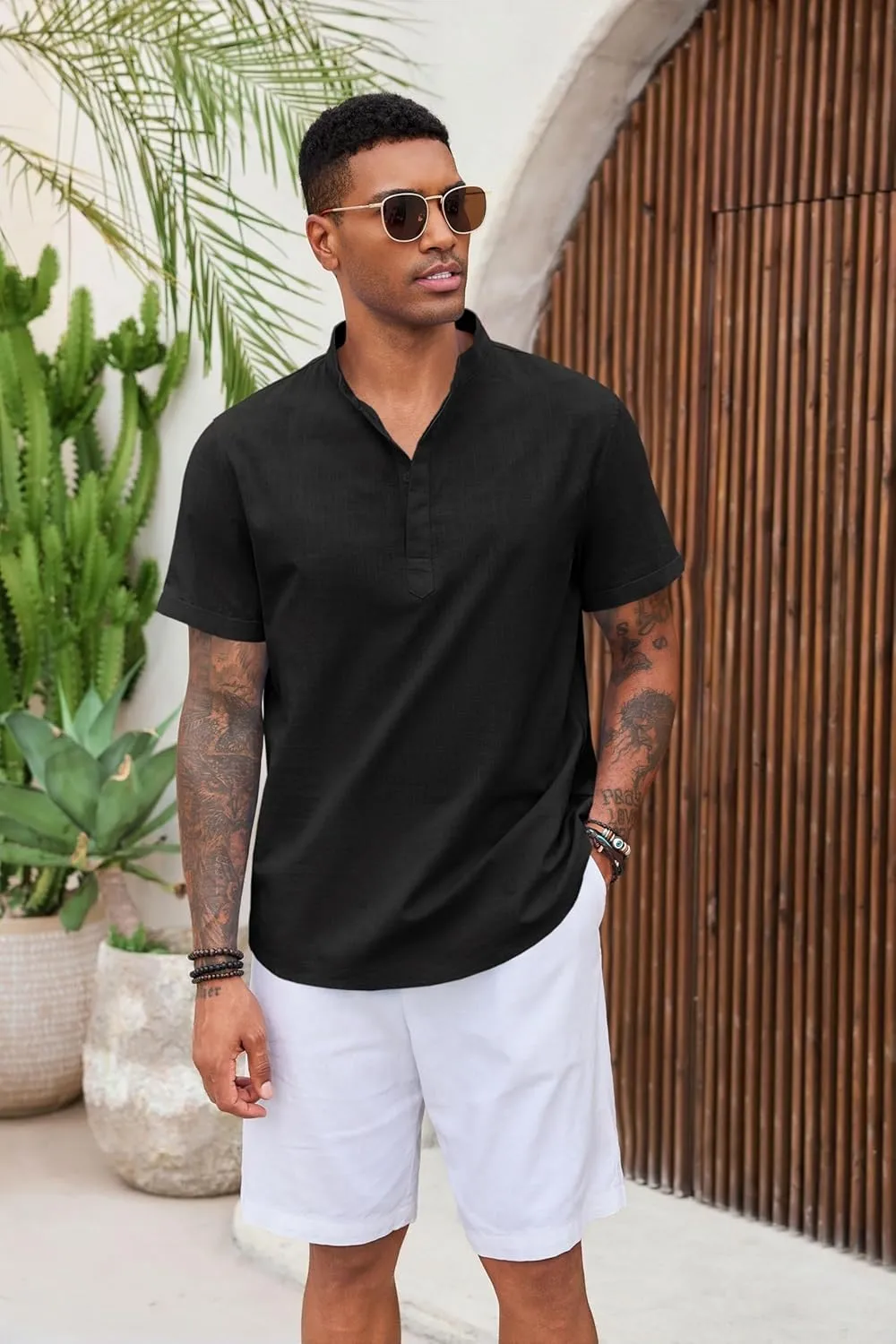 Runcati Mens Cotton Henley T-Shirts Short Sleeve Linen Textured Casual Summer Beach Hippie Shirt Tops