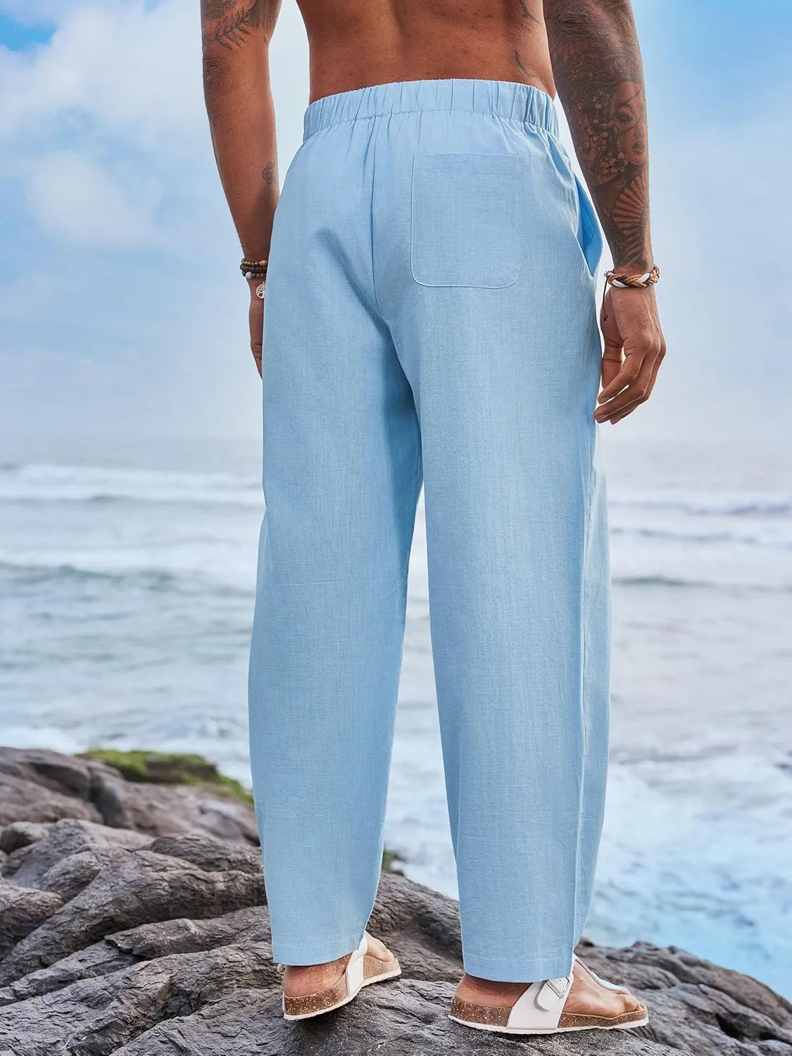 Runcati Mens Cotton Linen Harem Pants Beach Yoga Drawstring Elastic Waist Casual Lightweight Pants