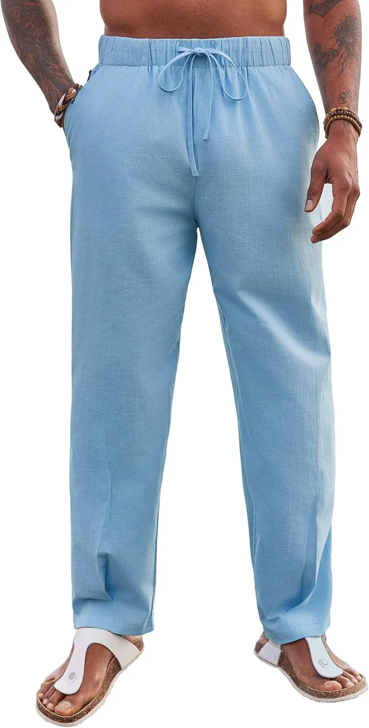 Runcati Mens Cotton Linen Harem Pants Beach Yoga Drawstring Elastic Waist Casual Lightweight Pants