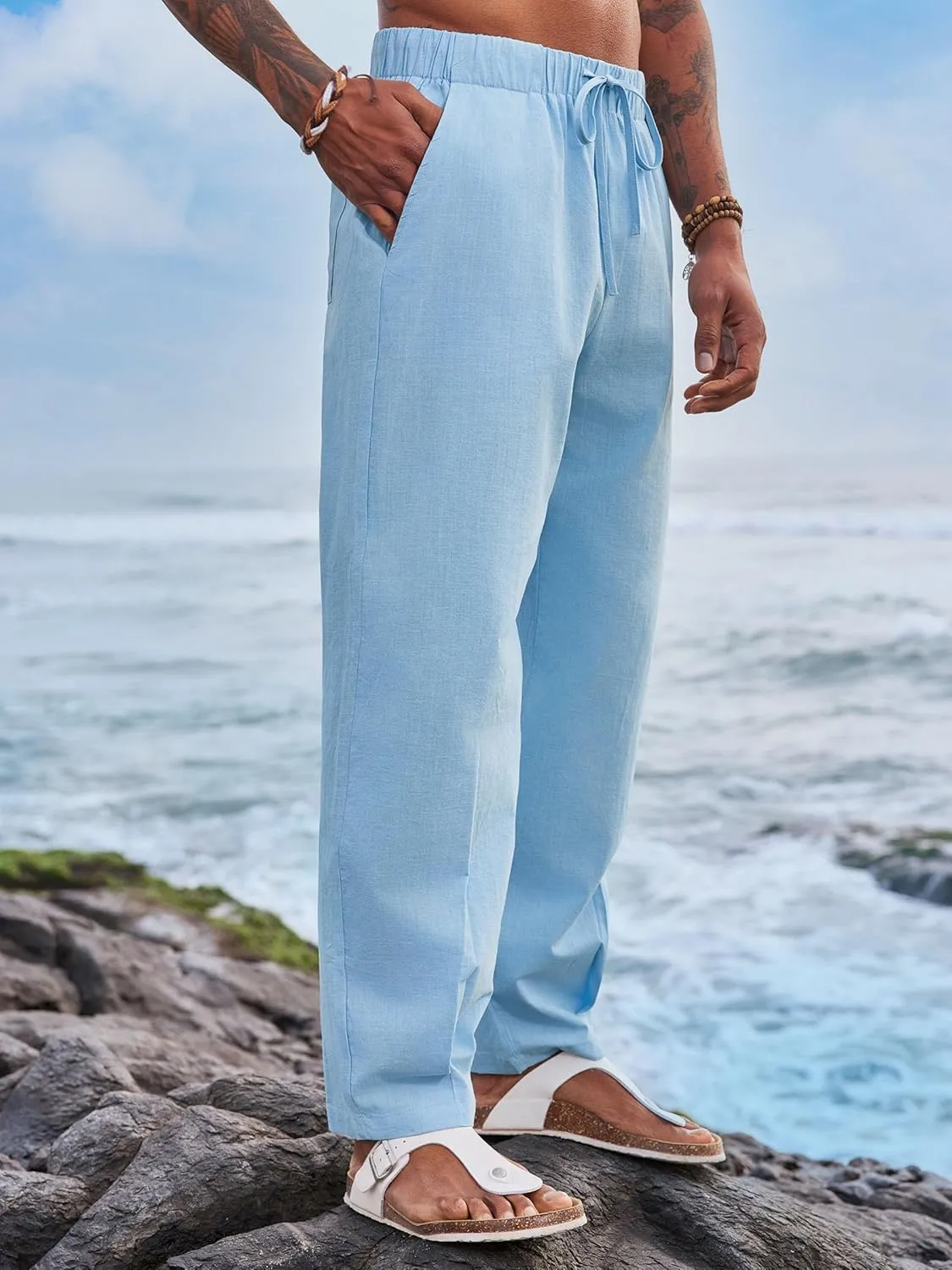 Runcati Mens Cotton Linen Harem Pants Beach Yoga Drawstring Elastic Waist Casual Lightweight Pants