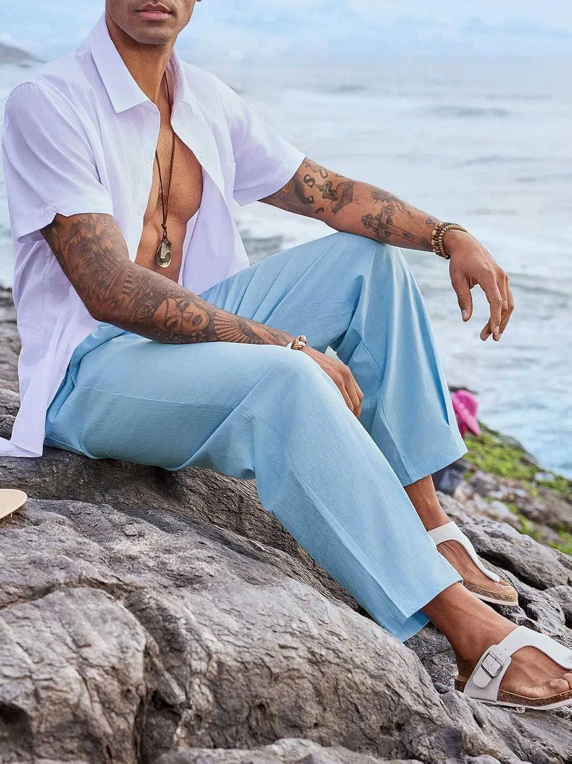 Runcati Mens Cotton Linen Harem Pants Beach Yoga Drawstring Elastic Waist Casual Lightweight Pants