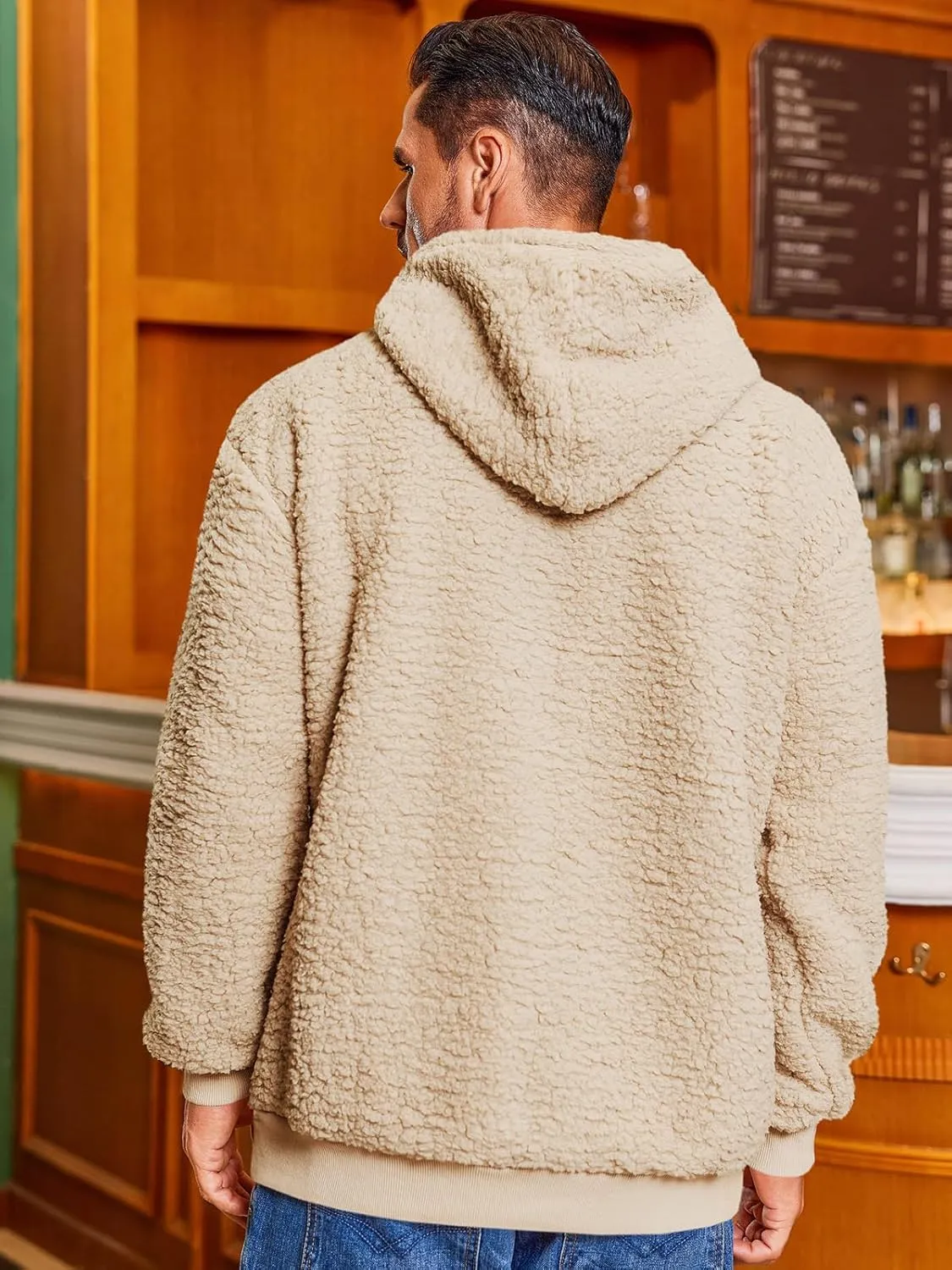 Runcati Mens Fuzzy Sherpa Hoodies Fleece Casual Pullover Long Sleeve Winter Fluffy Sweatshirts