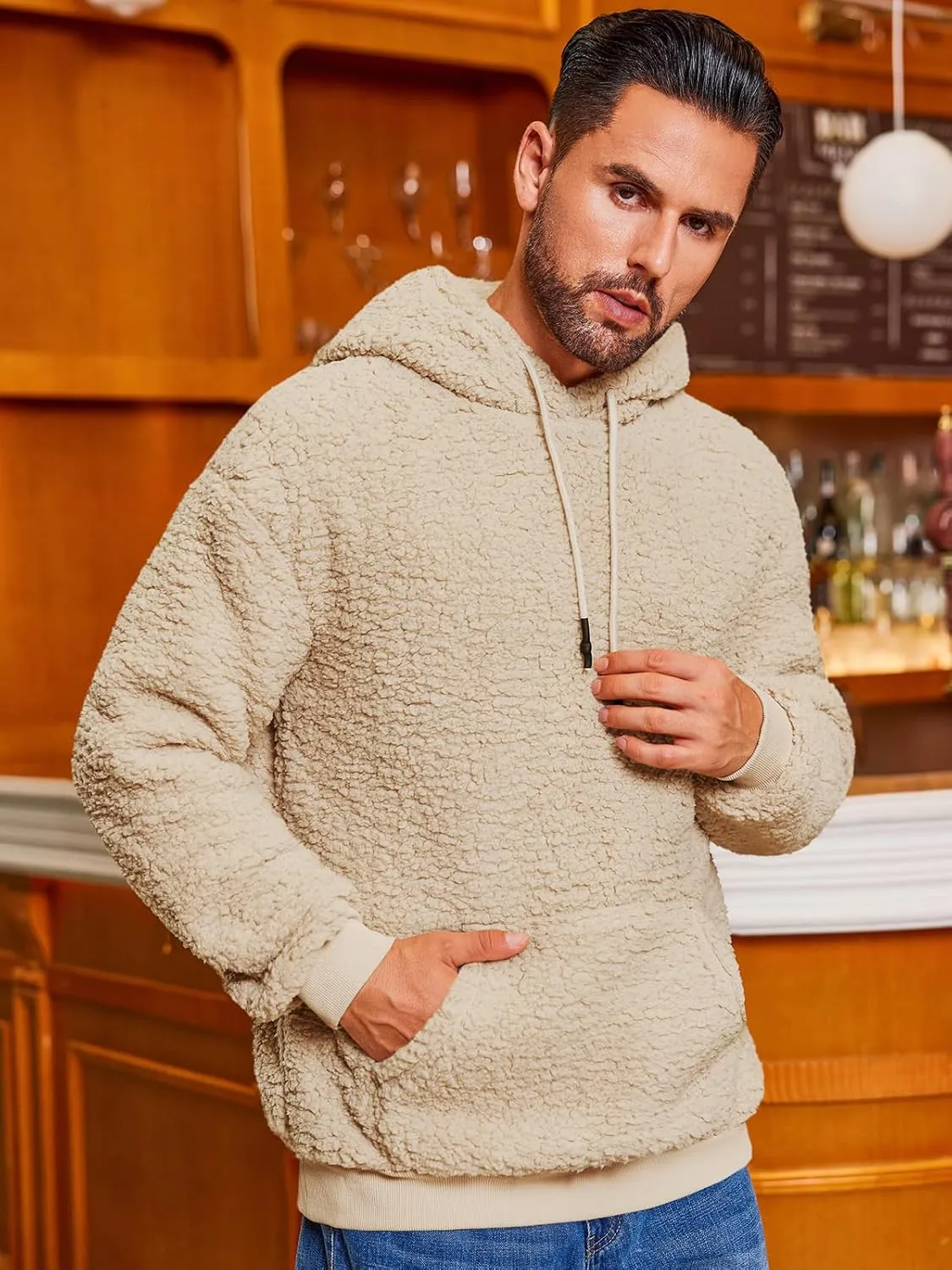 Runcati Mens Fuzzy Sherpa Hoodies Fleece Casual Pullover Long Sleeve Winter Fluffy Sweatshirts