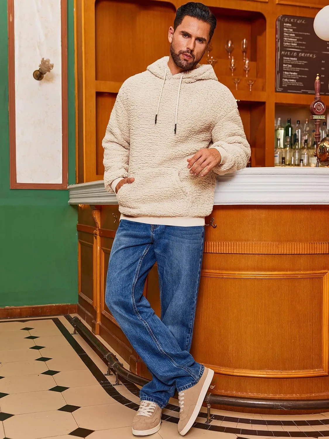 Runcati Mens Fuzzy Sherpa Hoodies Fleece Casual Pullover Long Sleeve Winter Fluffy Sweatshirts