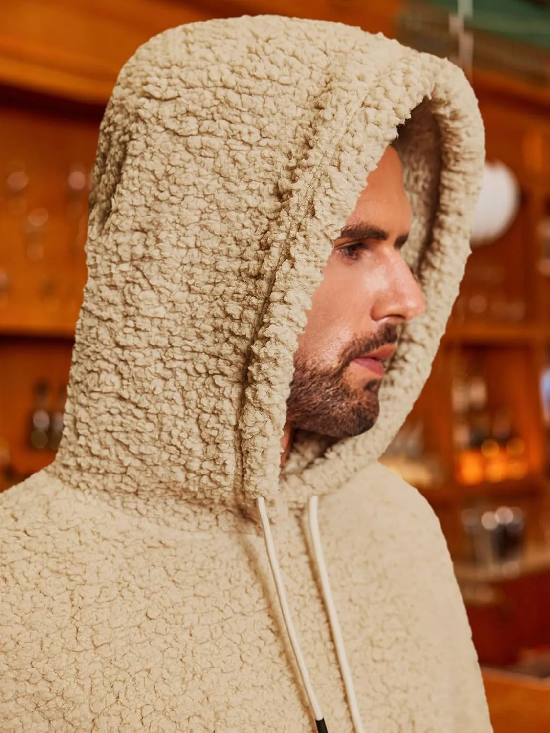 Runcati Mens Fuzzy Sherpa Hoodies Fleece Casual Pullover Long Sleeve Winter Fluffy Sweatshirts