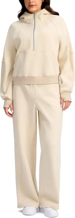 SANTINY Womens Sweatsuits 2 piece Set Fleece Lined Hoodies Crop Sweatshirt Winter Lounge Sets Wide Leg Sweatpants