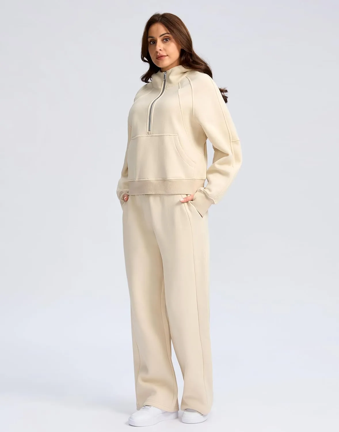 SANTINY Womens Sweatsuits 2 piece Set Fleece Lined Hoodies Crop Sweatshirt Winter Lounge Sets Wide Leg Sweatpants