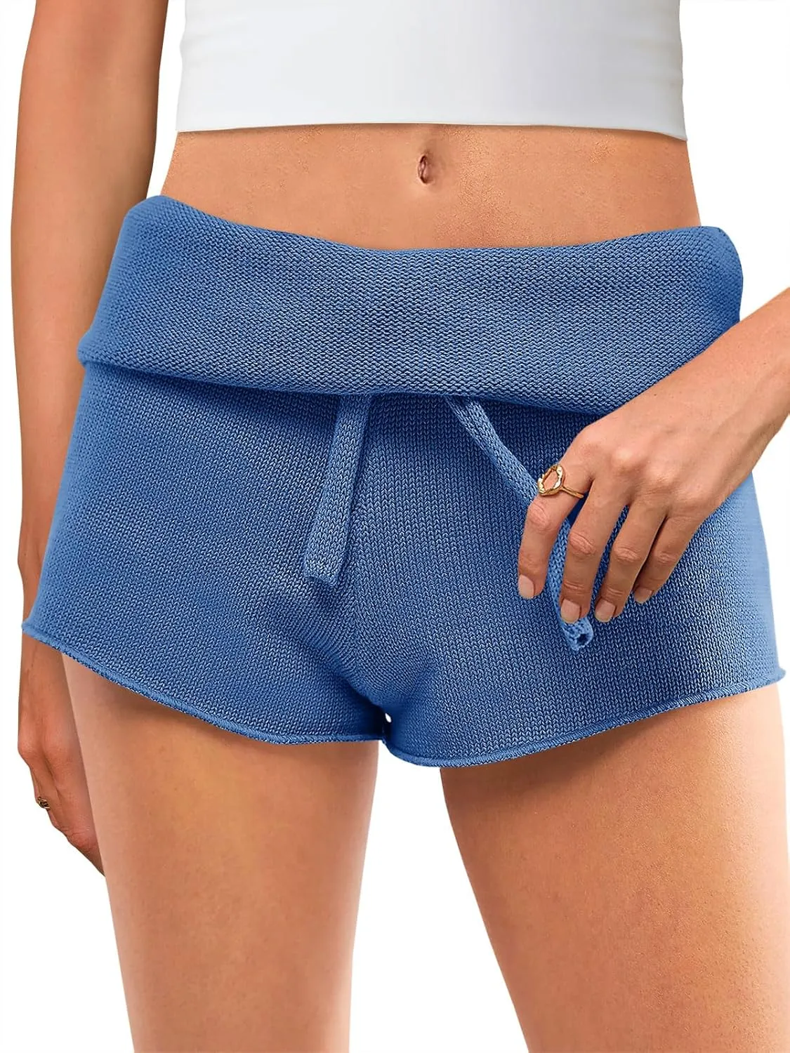Saodimallsu Womens Foldover Lounge Shorts High Waisted Drawstring Casual Summer Knit Beach Cover Up Shorts