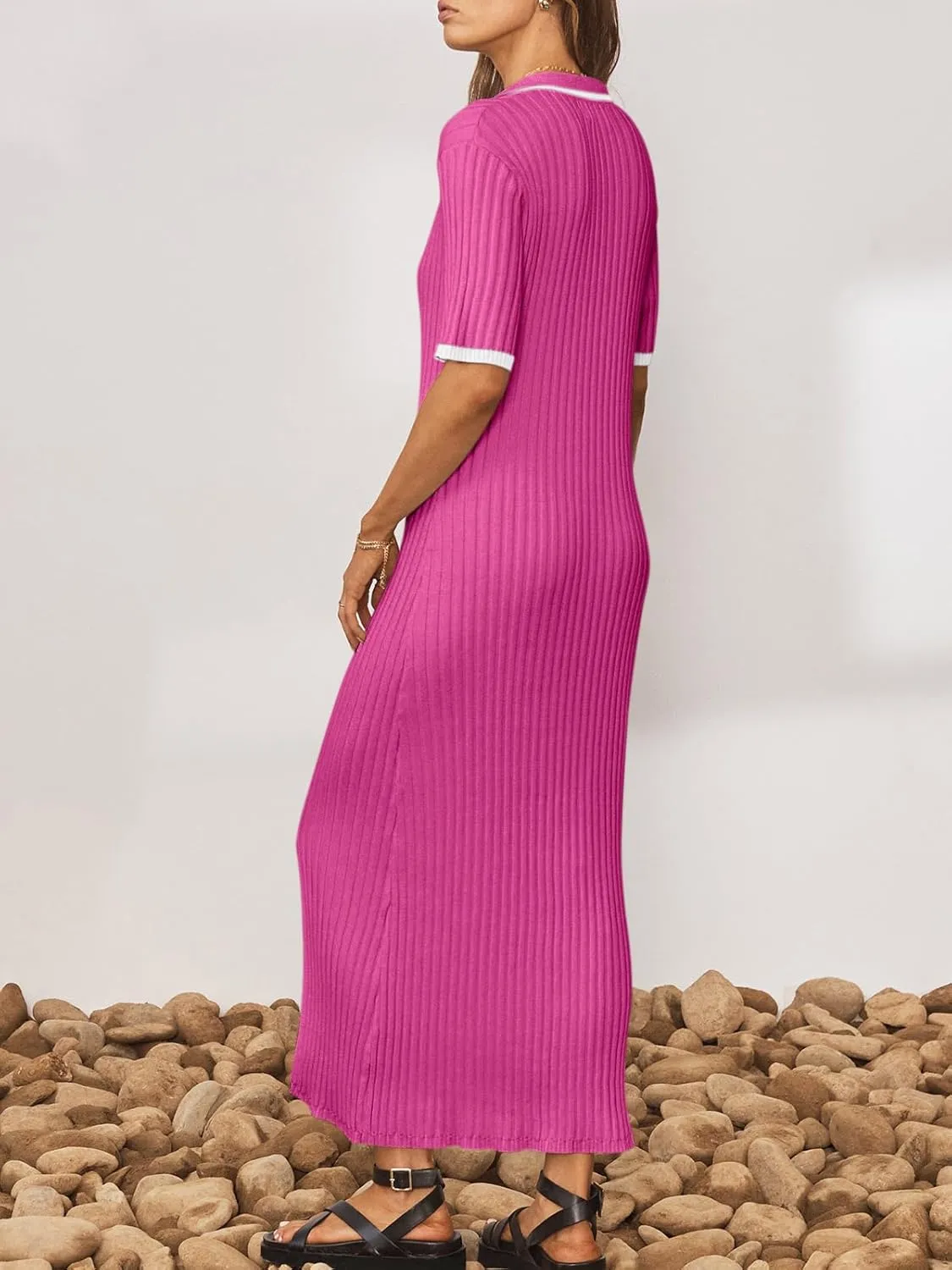 Saodimallsu Womens Maxi Knit Dress Short Sleeve Bodycon V Neck Collared Side Slit Color Block Ribbed Sweater Dresses