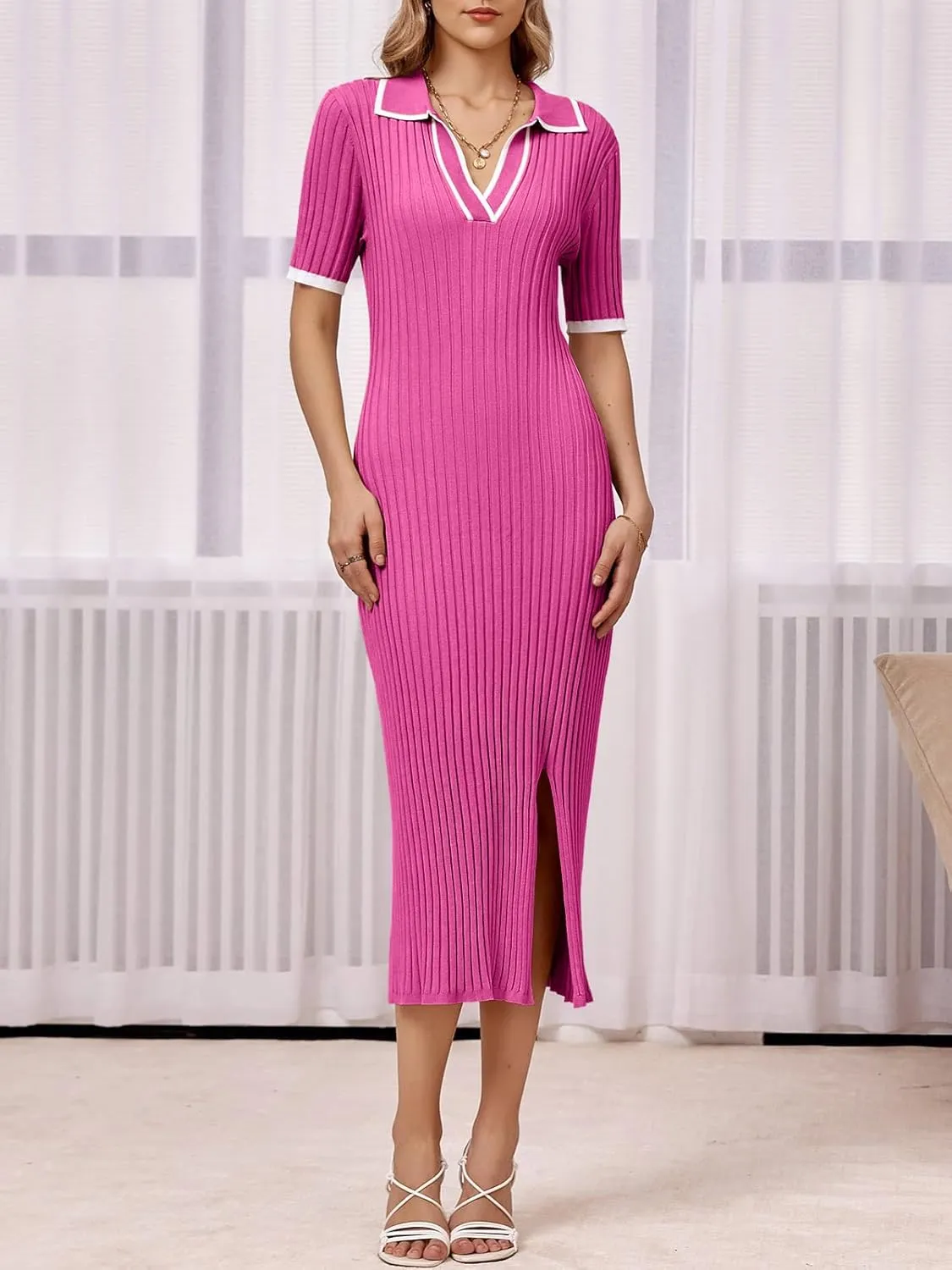 Saodimallsu Womens Maxi Knit Dress Short Sleeve Bodycon V Neck Collared Side Slit Color Block Ribbed Sweater Dresses