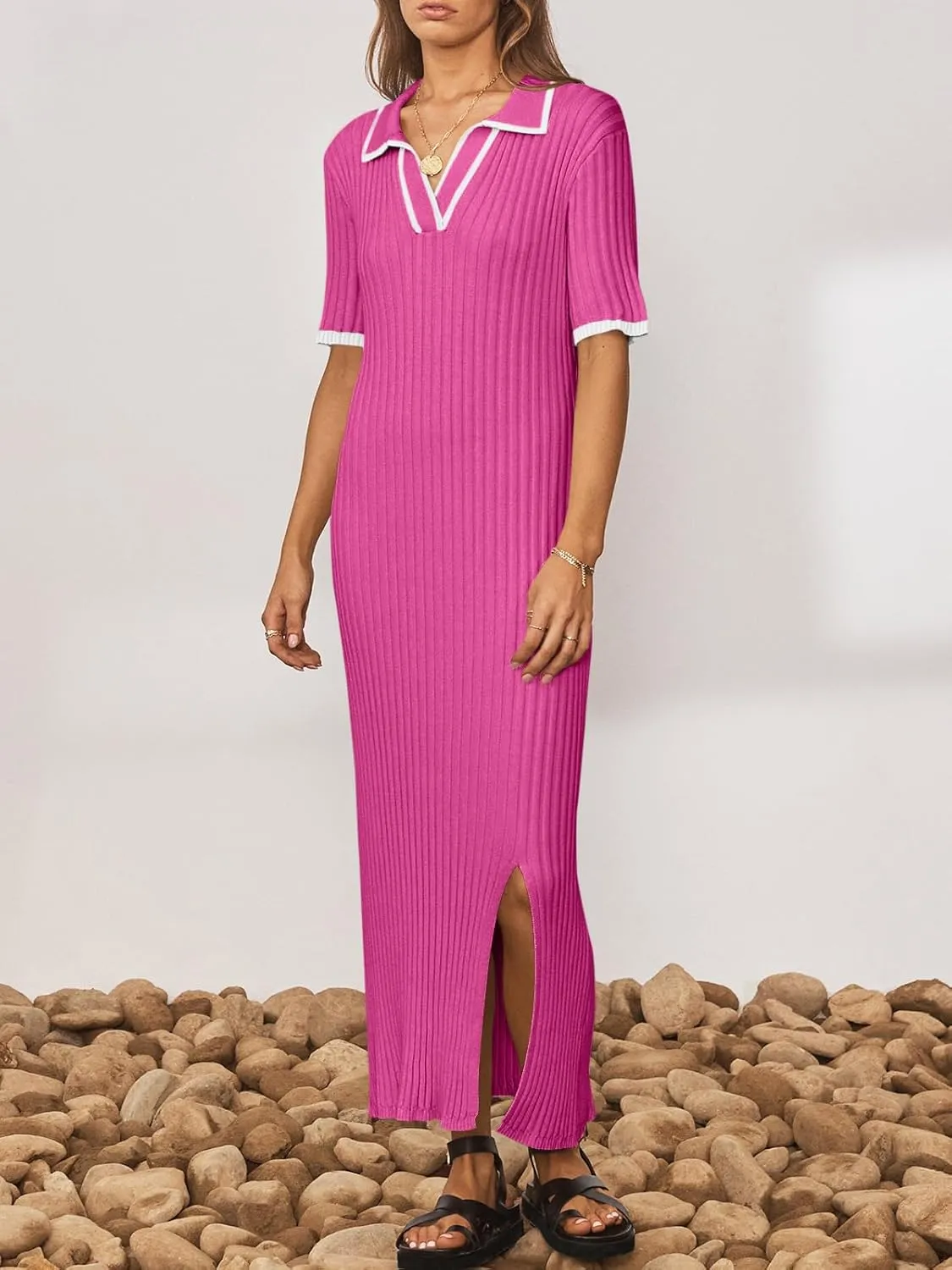 Saodimallsu Womens Maxi Knit Dress Short Sleeve Bodycon V Neck Collared Side Slit Color Block Ribbed Sweater Dresses