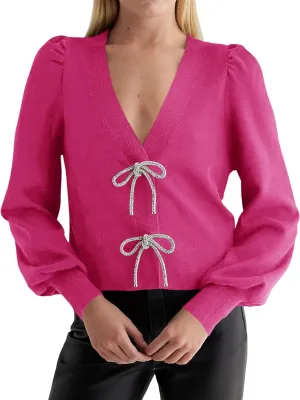 Saodimallsu Womens Puff Long Sleeve Sweaters V Neck Cropped Bow Button Front Cozy Knit Cardigan Sweater Tops