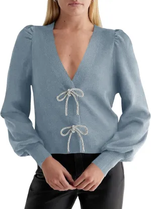 Saodimallsu Womens Puff Long Sleeve Sweaters V Neck Cropped Bow Button Front Cozy Knit Cardigan Sweater Tops