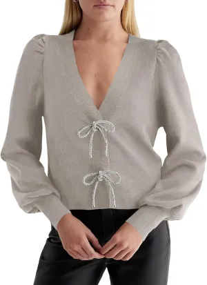 Saodimallsu Womens Puff Long Sleeve Sweaters V Neck Cropped Bow Button Front Cozy Knit Cardigan Sweater Tops