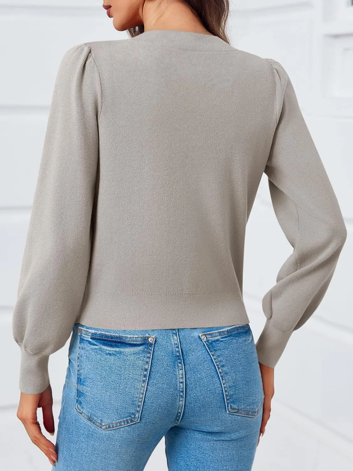 Saodimallsu Womens Puff Long Sleeve Sweaters V Neck Cropped Bow Button Front Cozy Knit Cardigan Sweater Tops