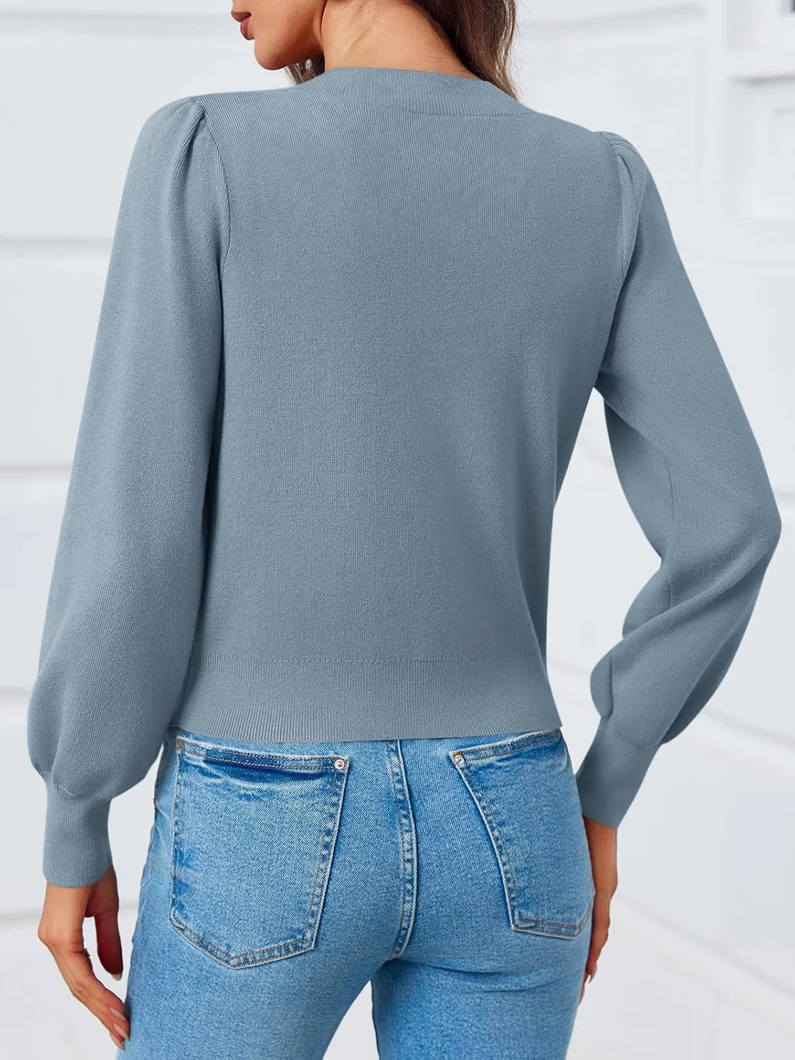Saodimallsu Womens Puff Long Sleeve Sweaters V Neck Cropped Bow Button Front Cozy Knit Cardigan Sweater Tops