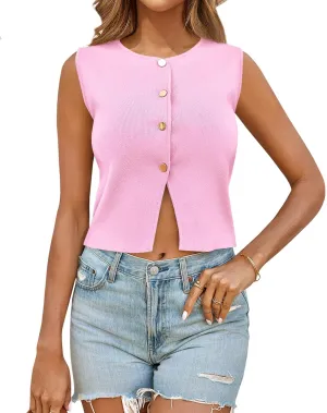 Saodimallsu Womens Sleeveless Cropped Sweater Vest Summer Trendy Knit Crop Tank Tops Crewneck Button Y2K Going Out Top