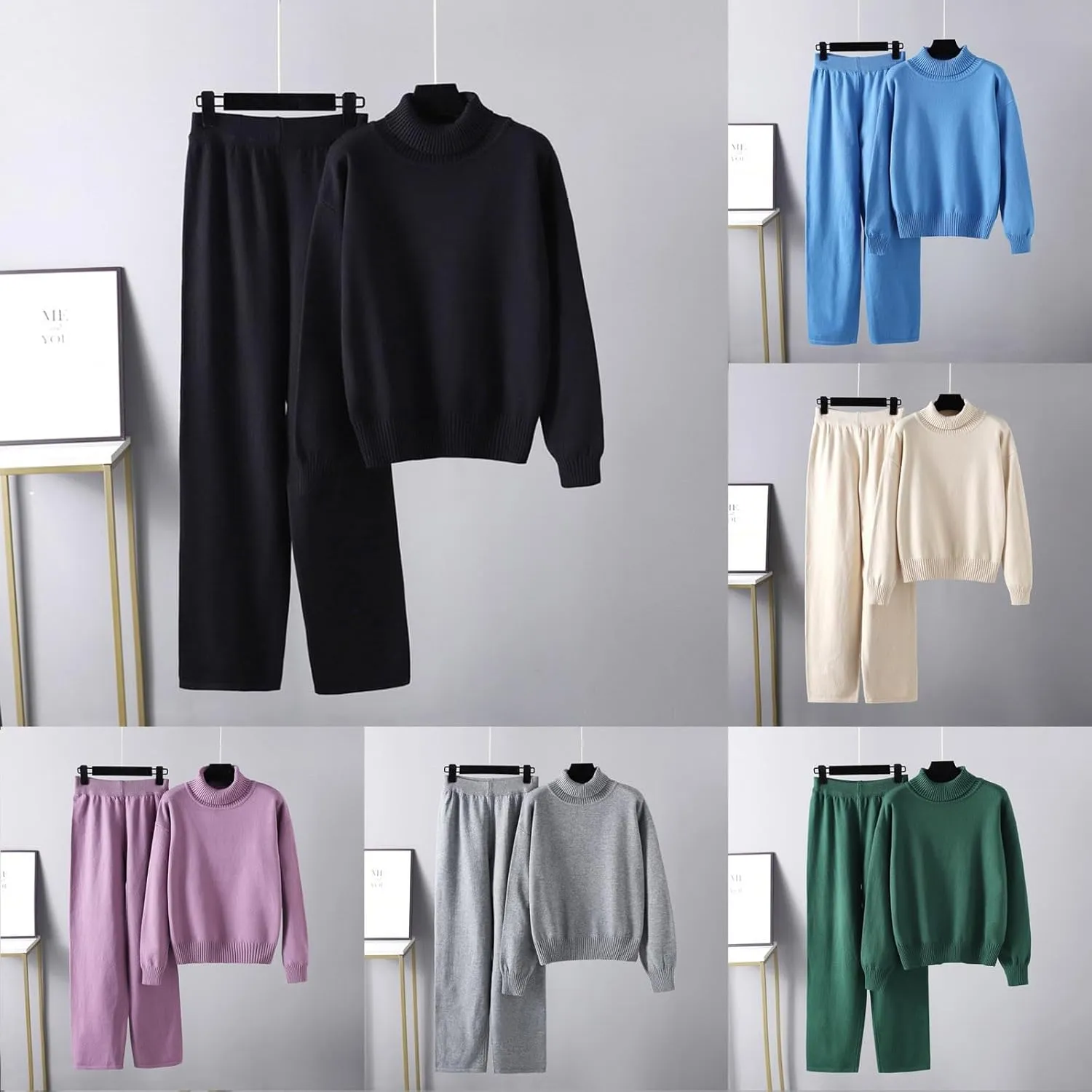 sdbrld Lounge Sets for Women,Womens Lounge Set 2 Piece Outfits Long Sleeve High Neck Sweater Wide Leg Pants Lounge Tracksuits
