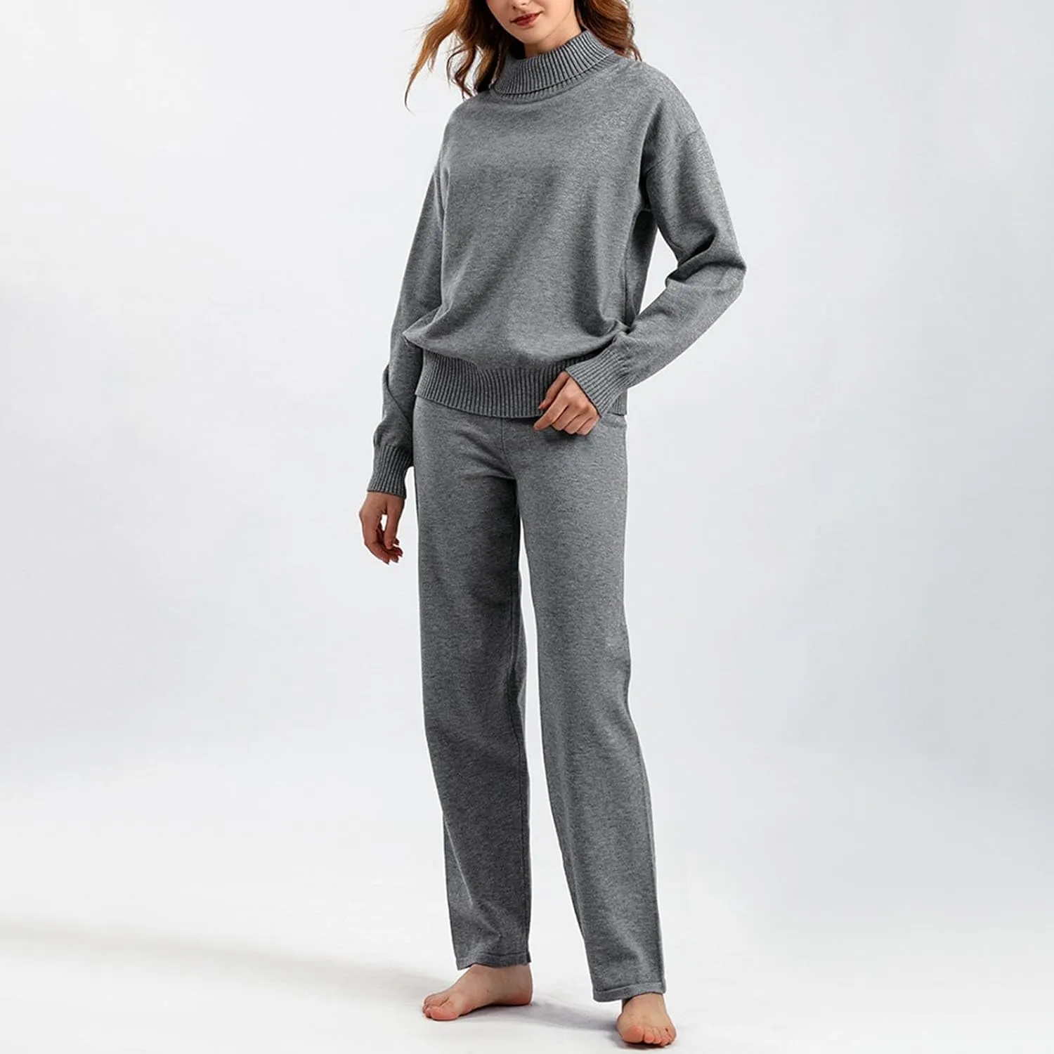 sdbrld Lounge Sets for Women,Womens Lounge Set 2 Piece Outfits Long Sleeve High Neck Sweater Wide Leg Pants Lounge Tracksuits