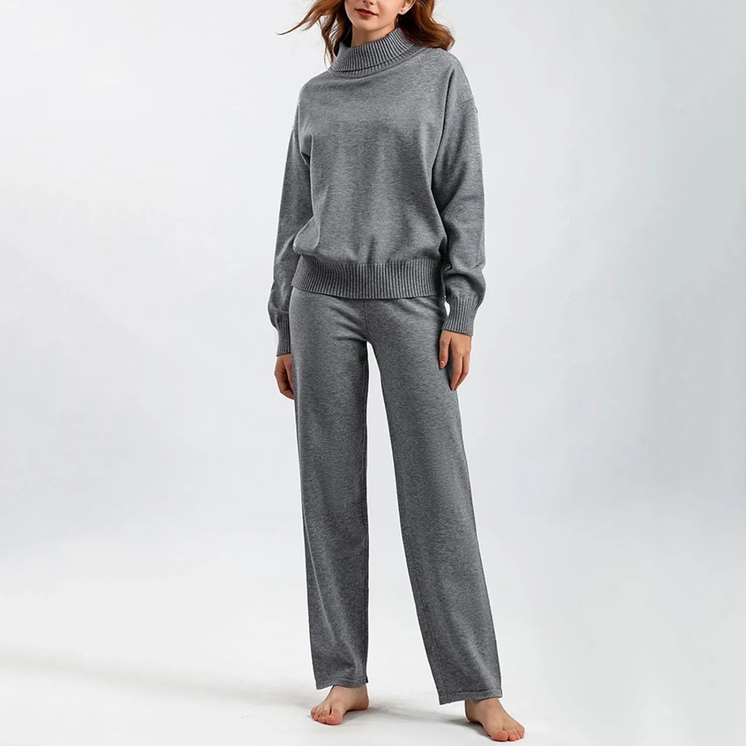 sdbrld Lounge Sets for Women,Womens Lounge Set 2 Piece Outfits Long Sleeve High Neck Sweater Wide Leg Pants Lounge Tracksuits