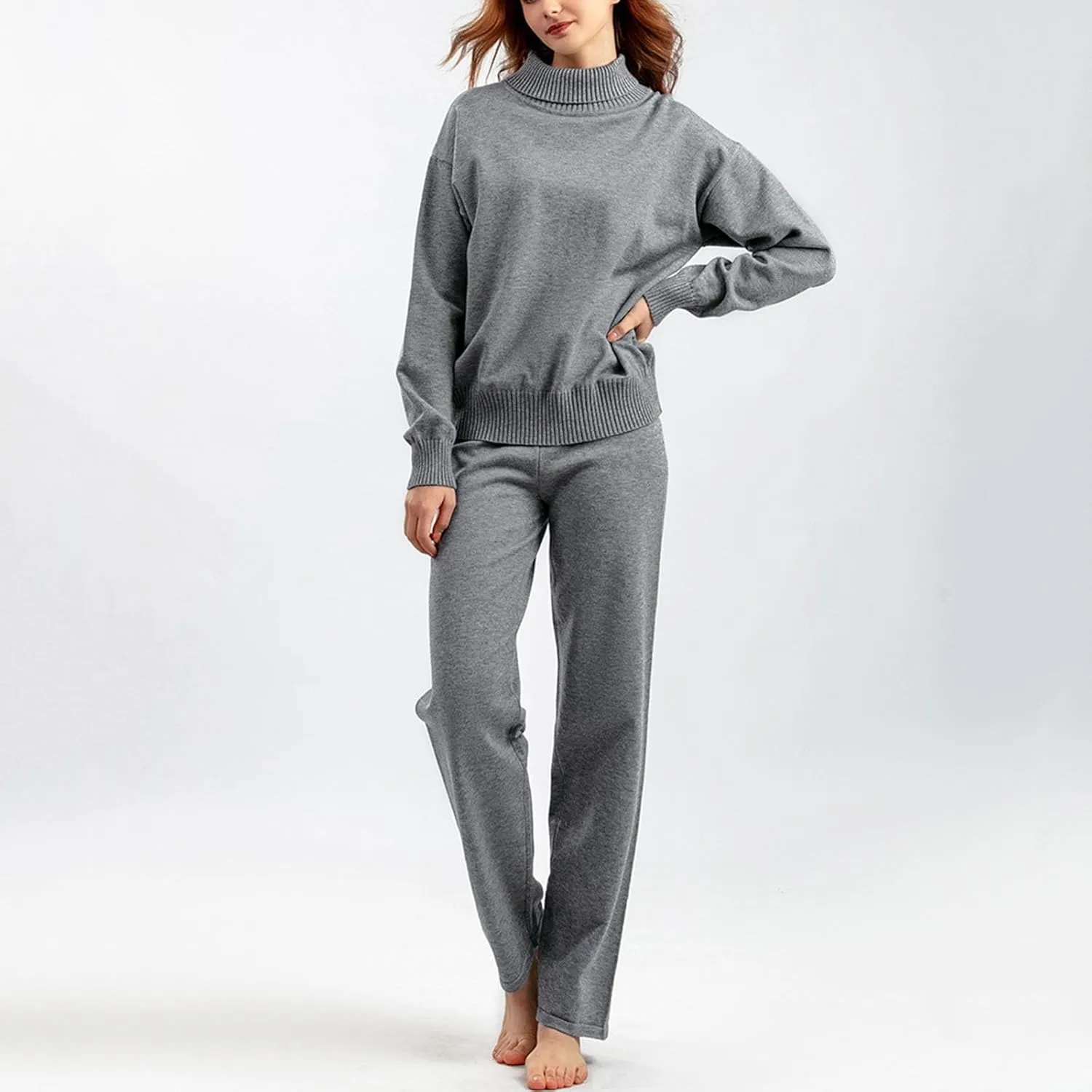 sdbrld Lounge Sets for Women,Womens Lounge Set 2 Piece Outfits Long Sleeve High Neck Sweater Wide Leg Pants Lounge Tracksuits