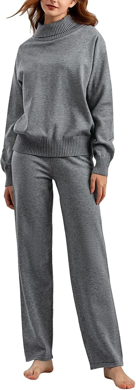 sdbrld Lounge Sets for Women,Womens Lounge Set 2 Piece Outfits Long Sleeve High Neck Sweater Wide Leg Pants Lounge Tracksuits