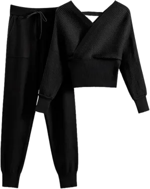 sdbrld Lounge Sets for Women,Womens Lounge Sets 2 Piece Outfits Long Sleeve Hooded Knit Sweater Wide Leg Pants Loungewear Set