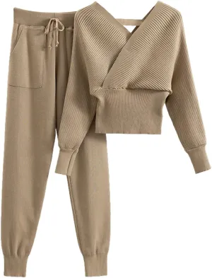 sdbrld Lounge Sets for Women,Womens Lounge Sets 2 Piece Outfits Long Sleeve Hooded Knit Sweater Wide Leg Pants Loungewear Set