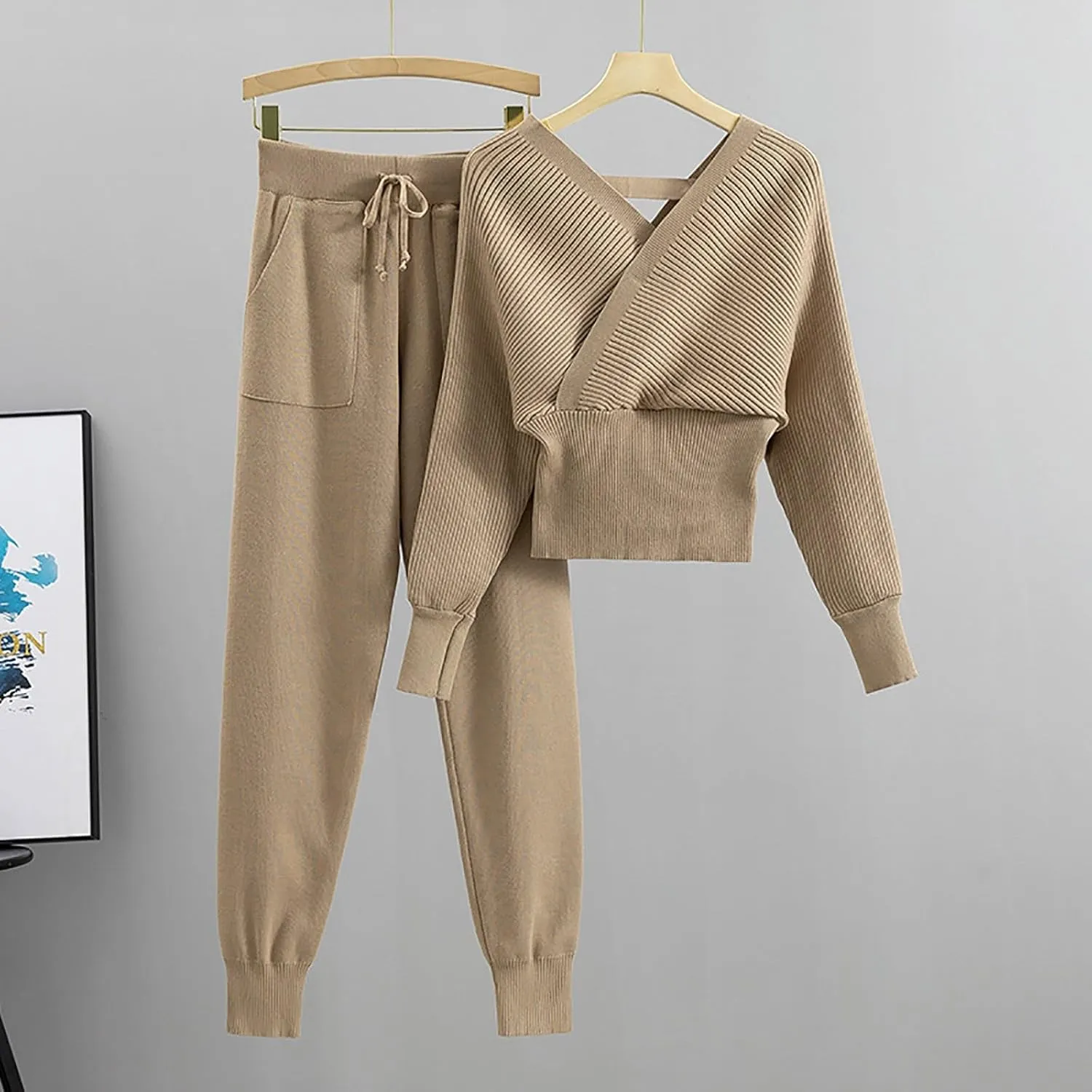 sdbrld Lounge Sets for Women,Womens Lounge Sets 2 Piece Outfits Long Sleeve Hooded Knit Sweater Wide Leg Pants Loungewear Set