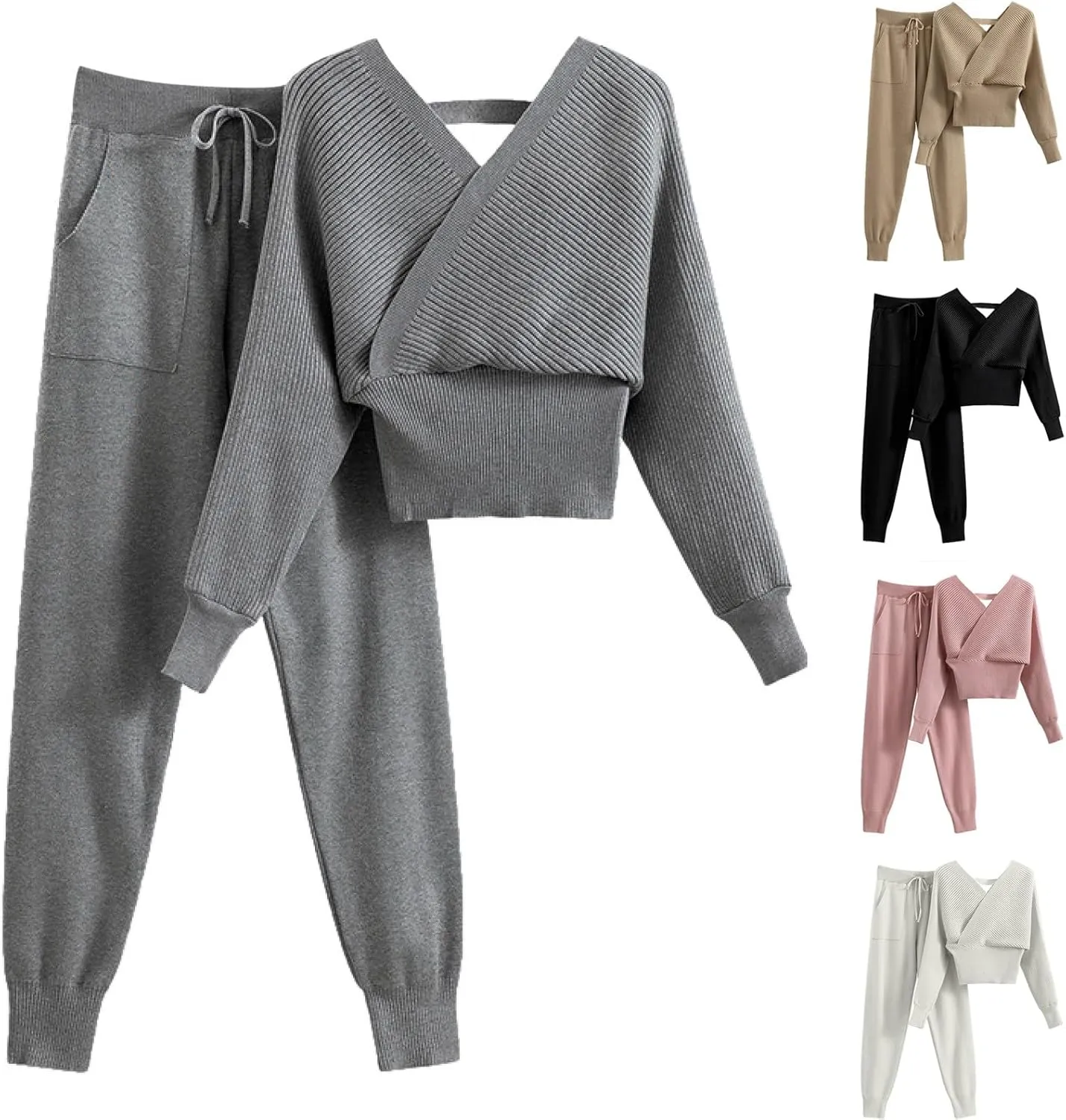 sdbrld Lounge Sets for Women,Womens Lounge Sets 2 Piece Outfits Long Sleeve Hooded Knit Sweater Wide Leg Pants Loungewear Set