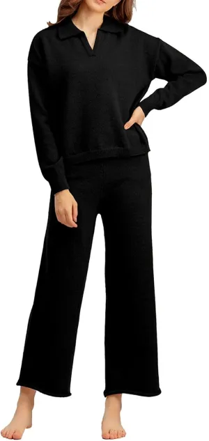 sdbrld Matching Lounge Sets for Women,Womens Lounge Sets 2 Piece Long Sleeve Stand Collar Knit Sweater Wide Leg Pants Outfits