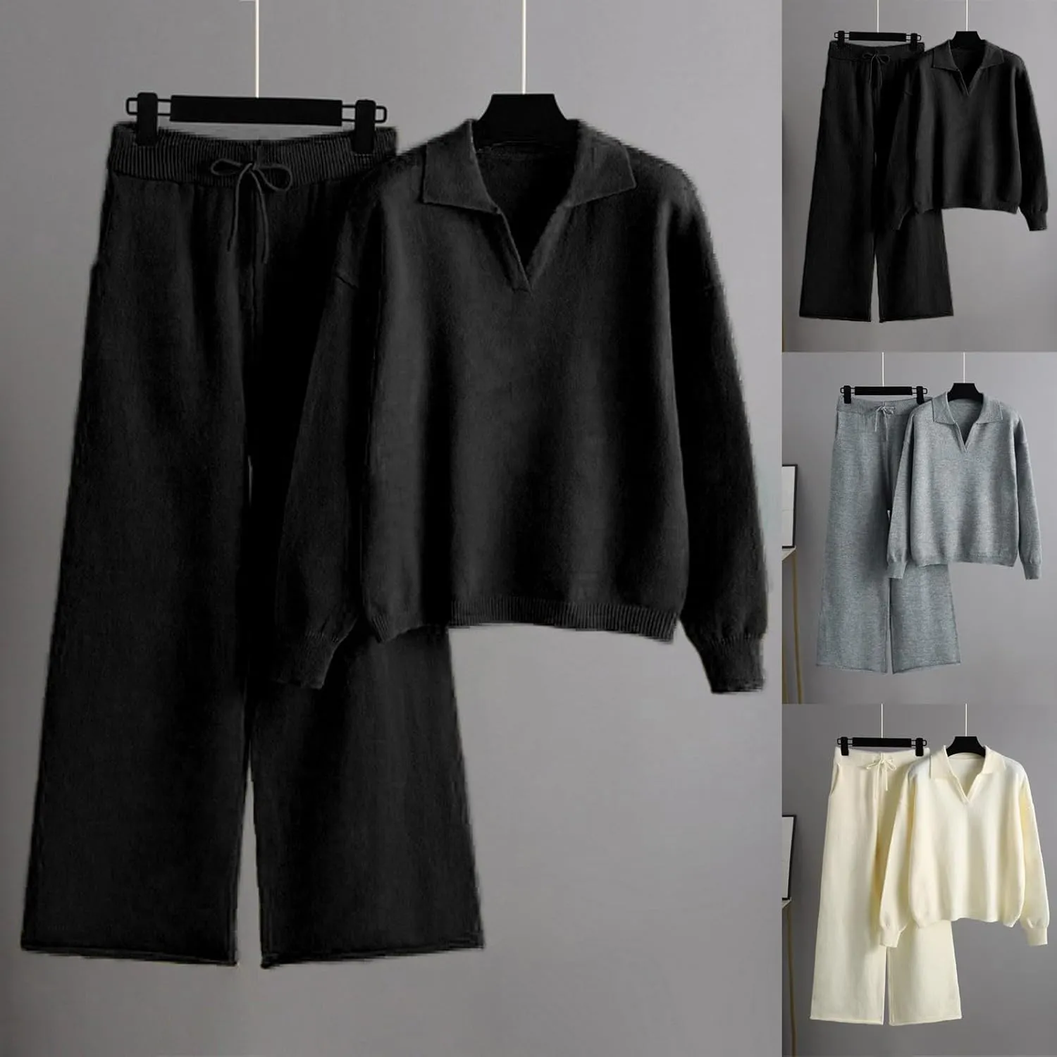 sdbrld Matching Lounge Sets for Women,Womens Lounge Sets 2 Piece Long Sleeve Stand Collar Knit Sweater Wide Leg Pants Outfits