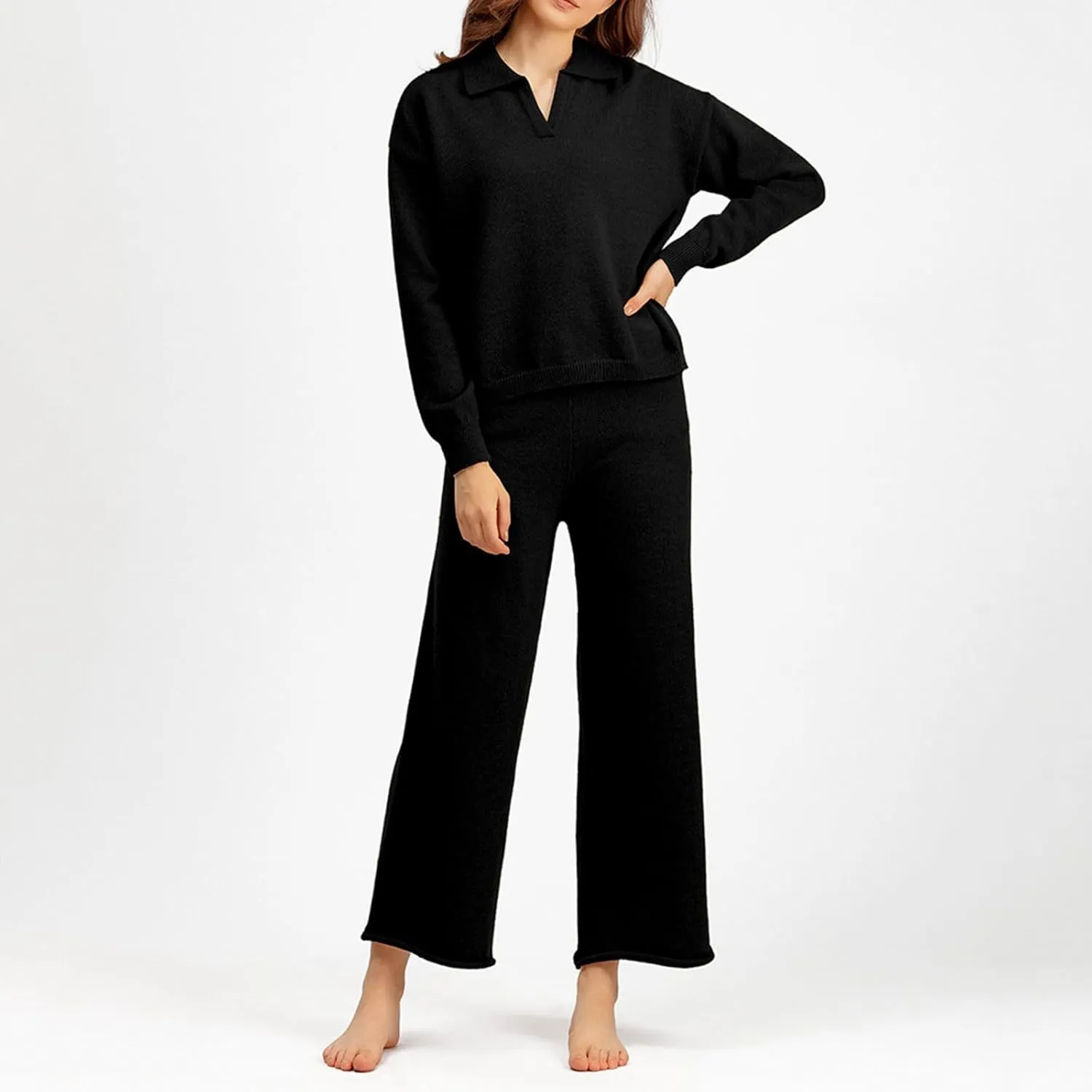 sdbrld Matching Lounge Sets for Women,Womens Lounge Sets 2 Piece Long Sleeve Stand Collar Knit Sweater Wide Leg Pants Outfits