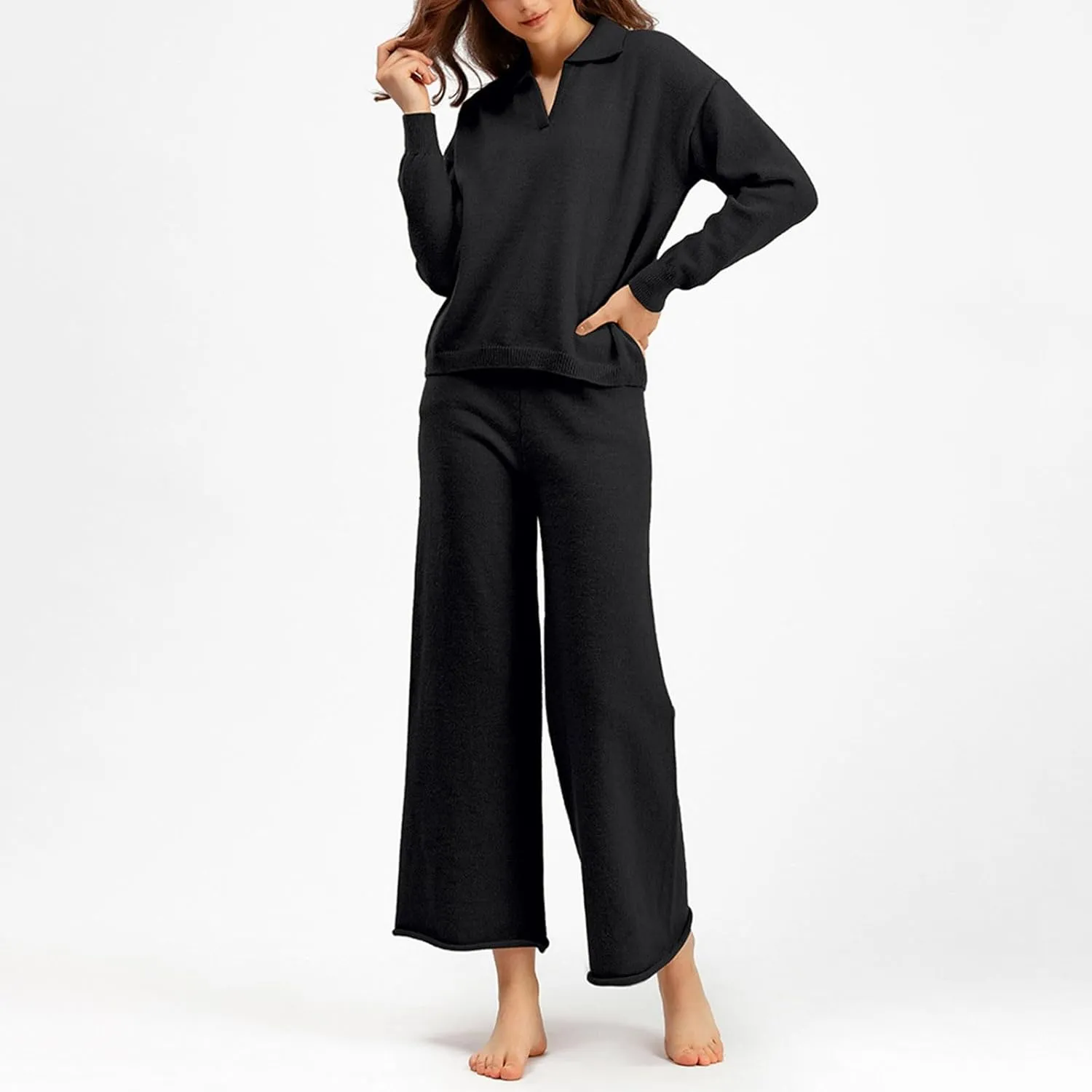 sdbrld Matching Lounge Sets for Women,Womens Lounge Sets 2 Piece Long Sleeve Stand Collar Knit Sweater Wide Leg Pants Outfits