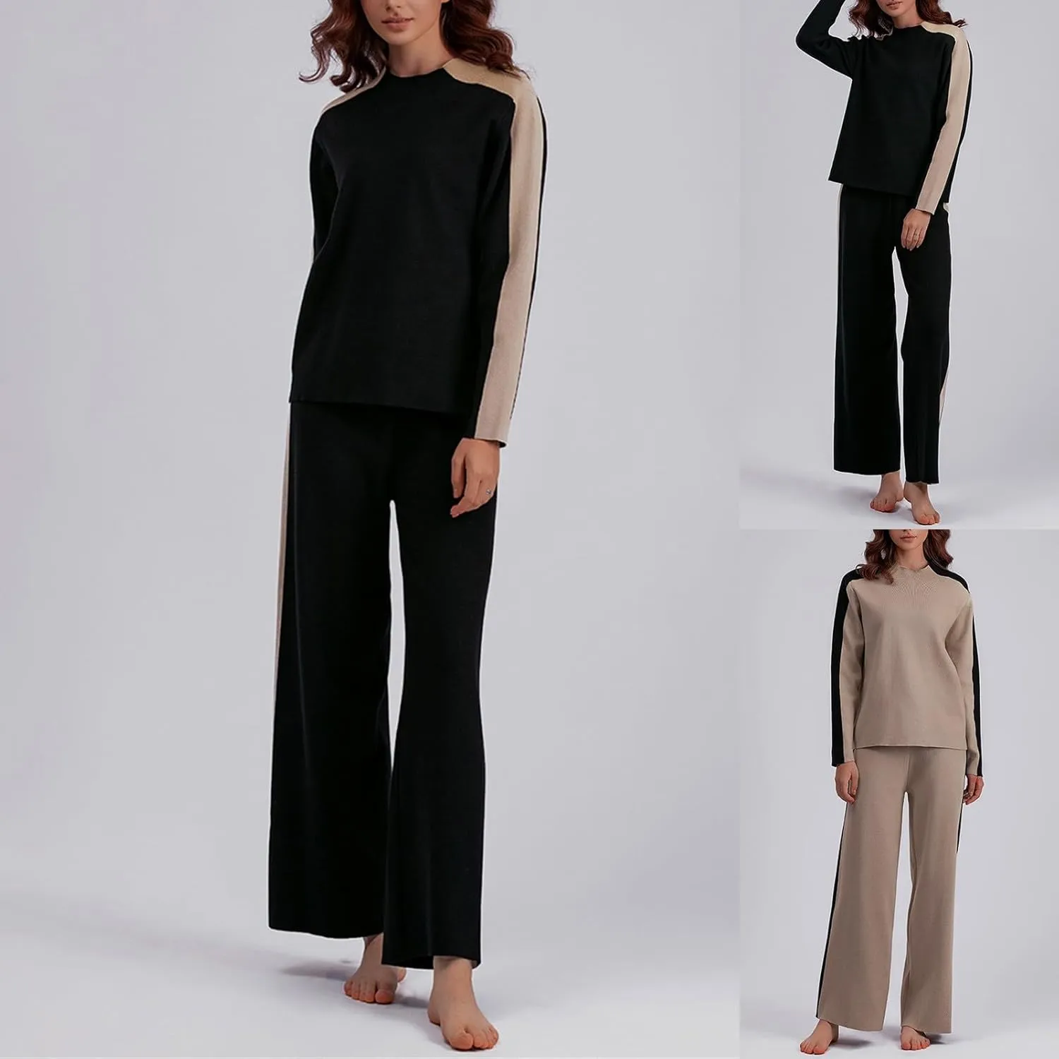 sdbrld Matching Lounge Sets for Women,Womens Two Piece Lounge Set Long Sleeve Knit Sweater Wide Leg Pants Suits Sets Outfits