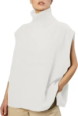 Sdencin Women Turtleneck Oversized Knitted Sweater Vest Sleeveless Split Hem Solid Loose Fit Pullover Tank Top Knitwear