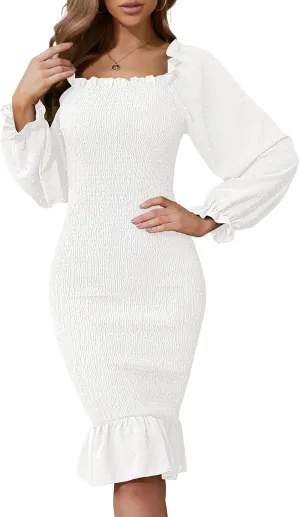 SENFURE Women's Long Sleeve Square Neck Midi Maternity Dresses Ruffle Smocked Bodycon Mermaid Cocktail Dress for Spring