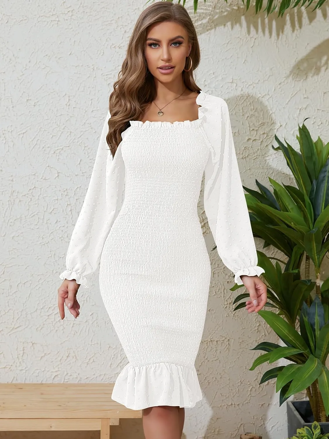 SENFURE Women's Long Sleeve Square Neck Midi Maternity Dresses Ruffle Smocked Bodycon Mermaid Cocktail Dress for Spring