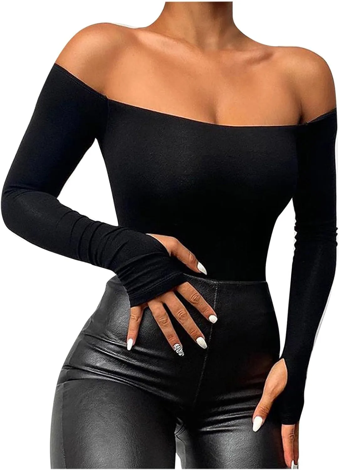 Sexy Tops for Women Long Sleeve Crop Top Turtleneck Shirt Cut Out Slim Fit Basic Tops Lace Sleeves with Thumb Hole