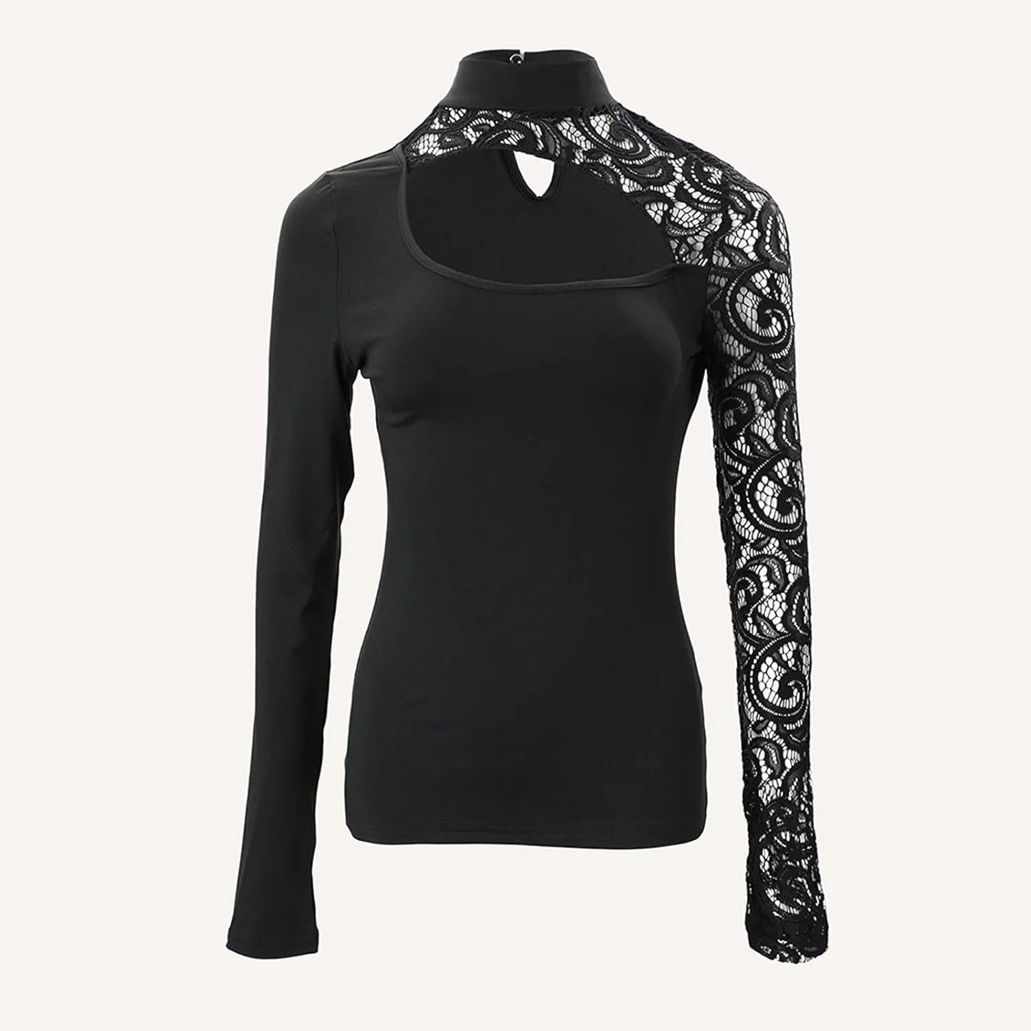 Sexy Tops for Women Long Sleeve Crop Top Turtleneck Shirt Cut Out Slim Fit Basic Tops Lace Sleeves with Thumb Hole
