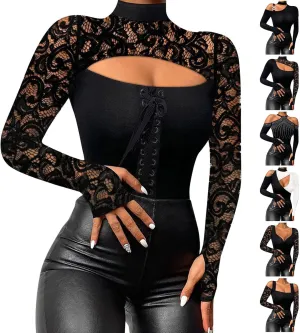 Sexy Tops for Women Long Sleeve Crop Top Turtleneck Shirt Cut Out Slim Fit Basic Tops Lace Sleeves with Thumb Hole